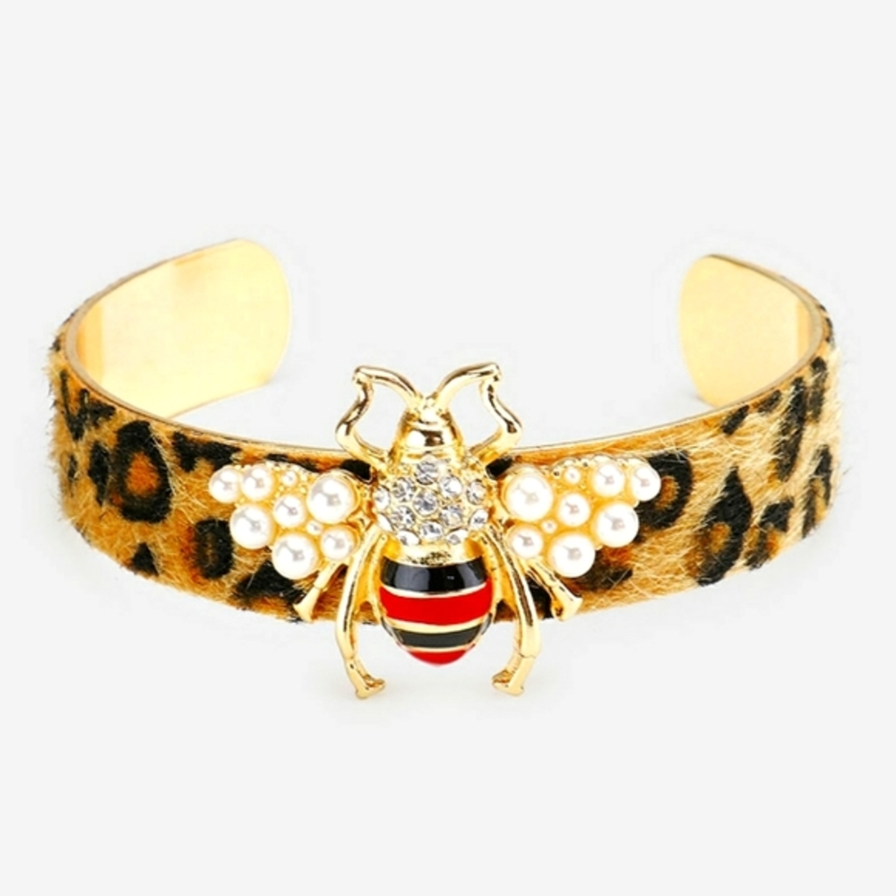 Fabulous Pearl Accent HoneyBee Rhinestone Crystal Cuff Animal Print Bracelet